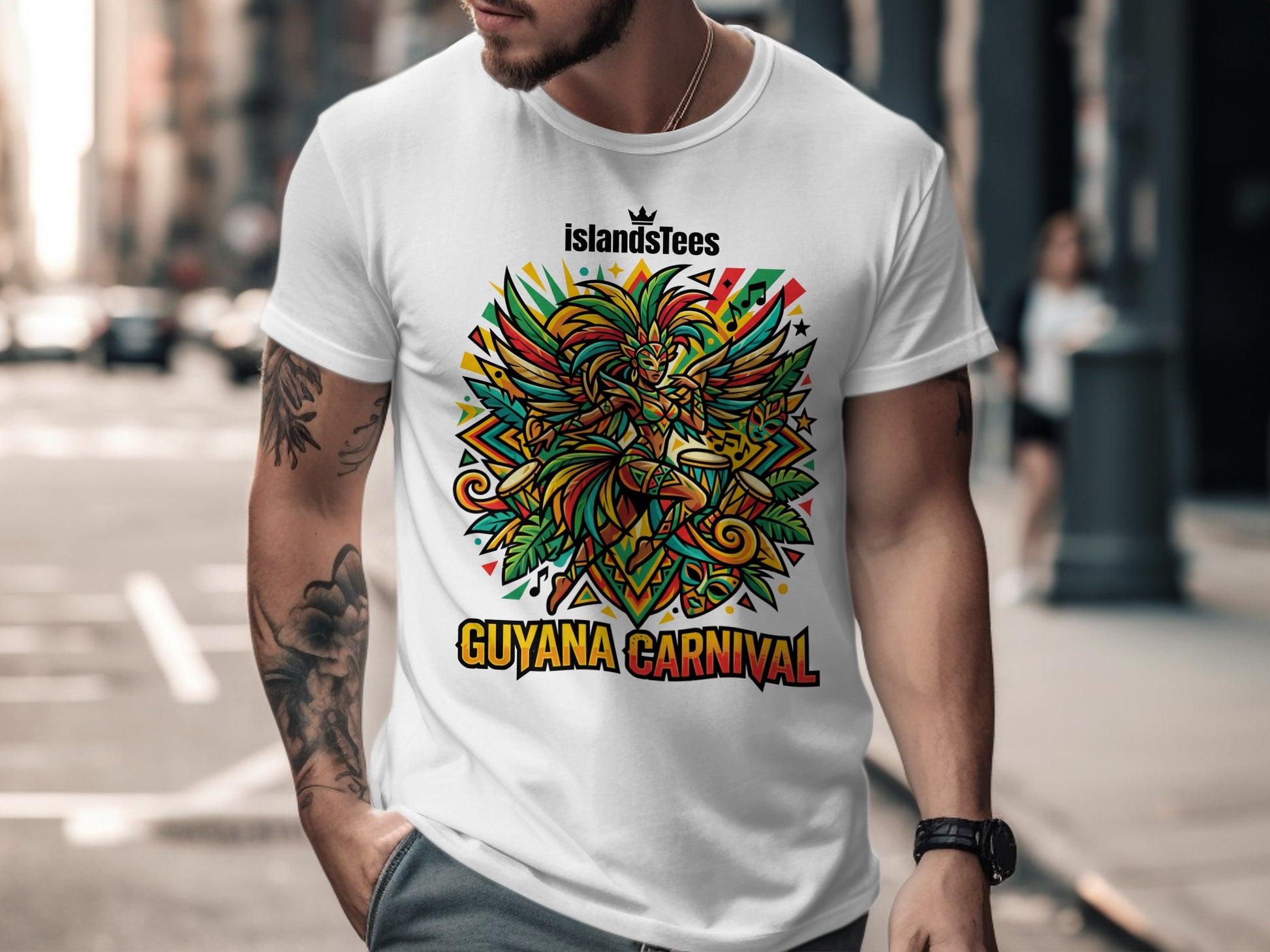 White t-shirt with colorful "Guyana Carnival" graphic featuring a winged figure.
