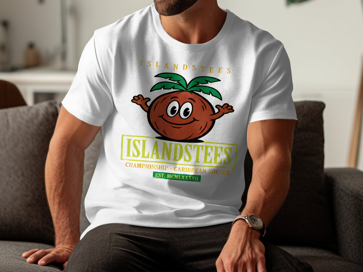 White t-shirt with cartoon coconut logo and "Islandstees" text.