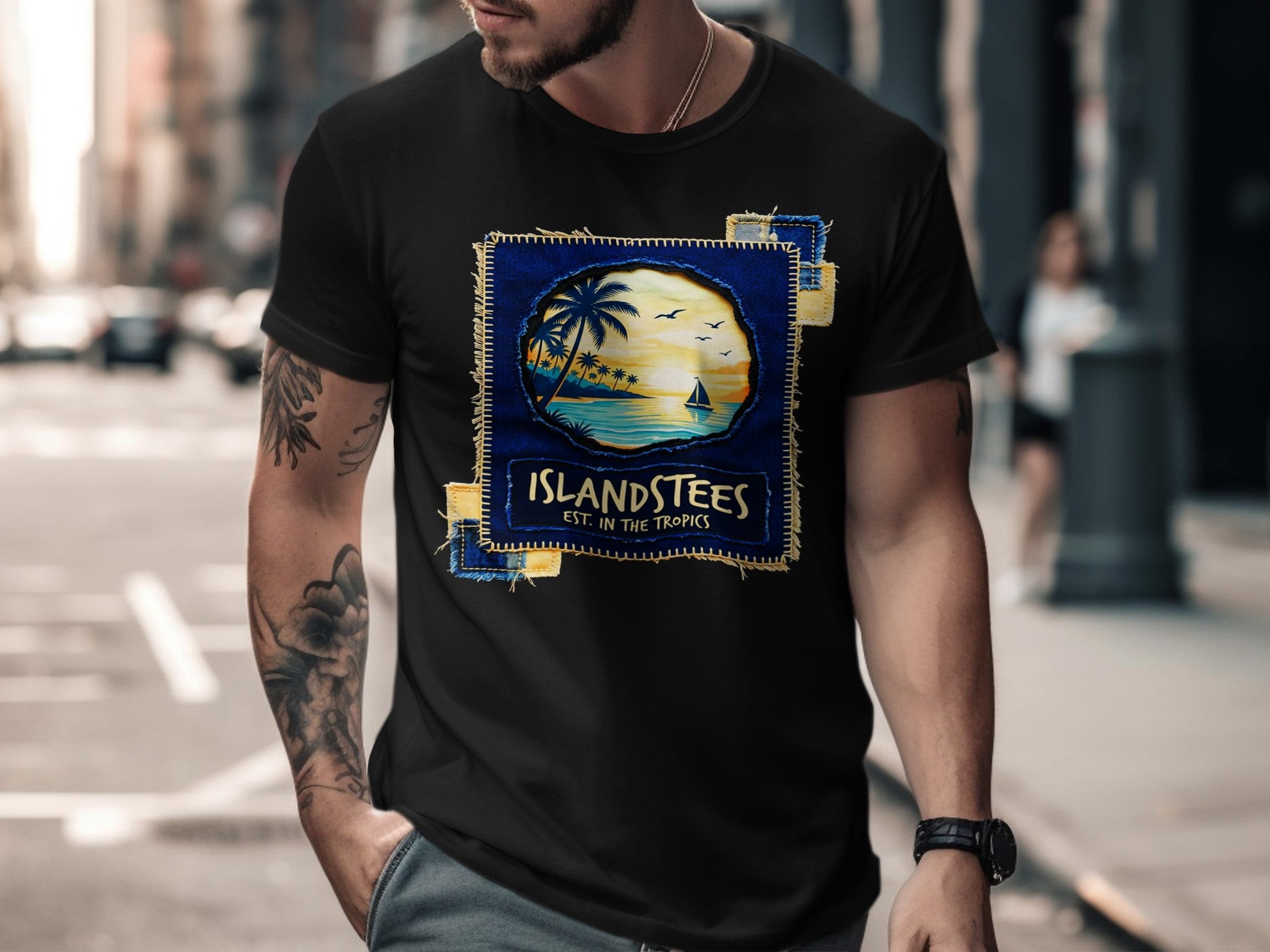 Islandstees Est. in the Tropics t-shirt with palm trees and ocean sunset.