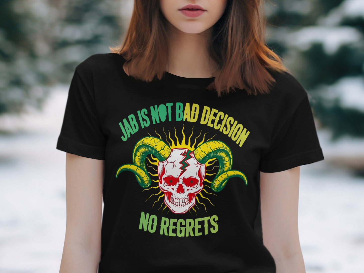 Black t-shirt with skull graphic and text "Jab is not bad decision no regrets".