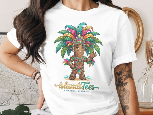 T-shirt featuring a cartoon character with a feathered headdress, holding palm fronds.