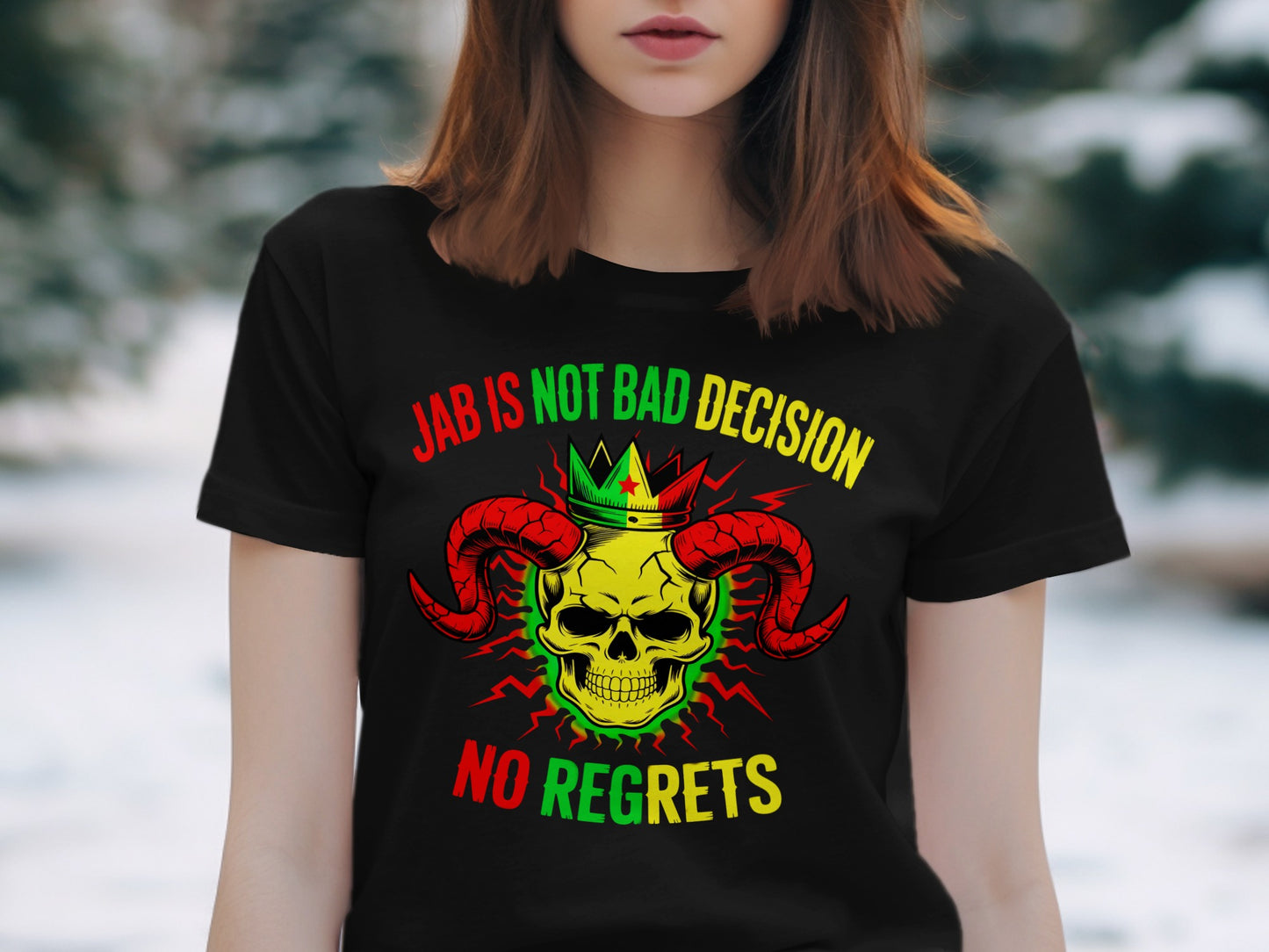 Black t-shirt with skull wearing crown, horns, and text "JAB IS NOT BAD DECISION NO REGRETS".