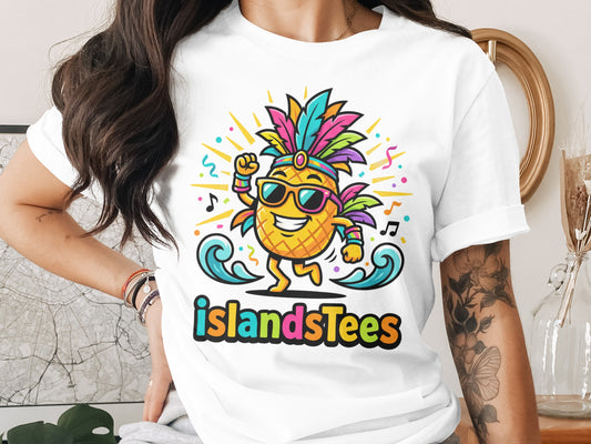 Cartoon pineapple wearing sunglasses and headdress on IslandsTees shirt.