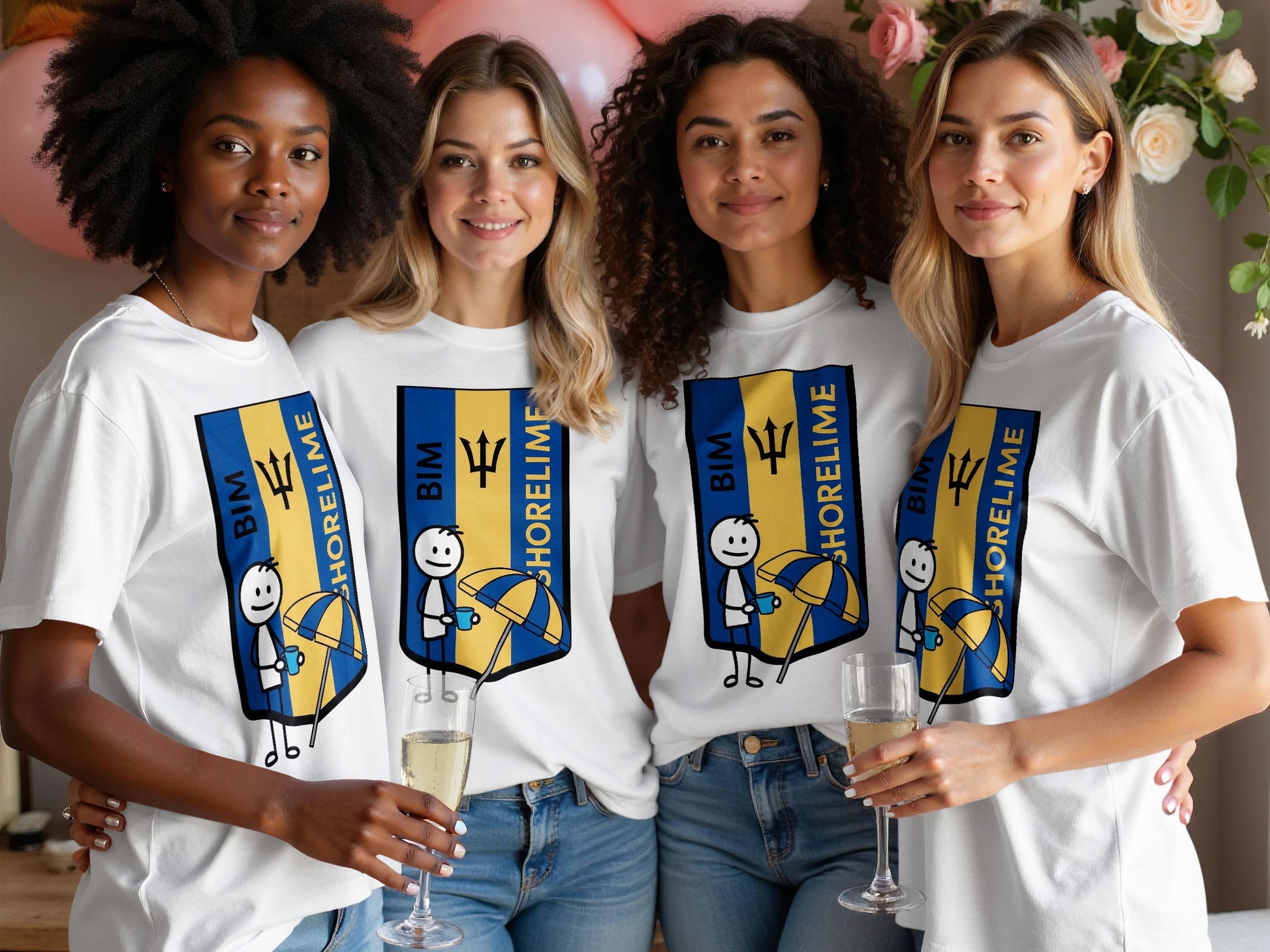Four women in matching BIM SHORELINE t-shirts hold champagne flutes.