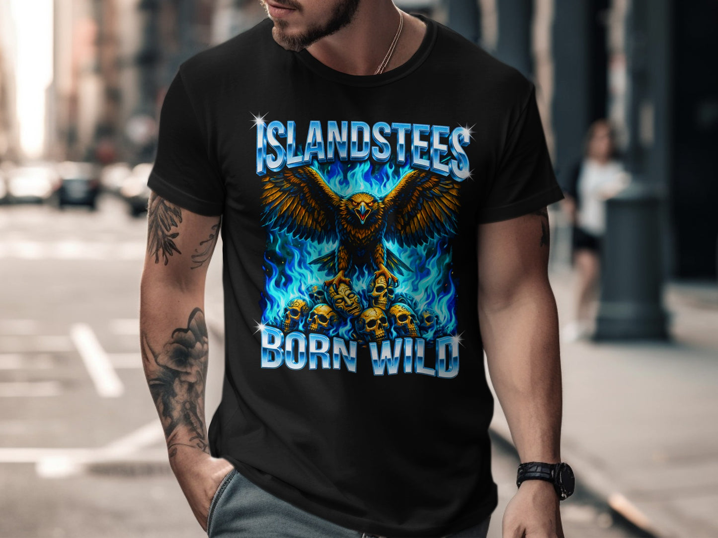 Black t-shirt with eagle and skulls graphic, "Islandstees Born Wild" text.