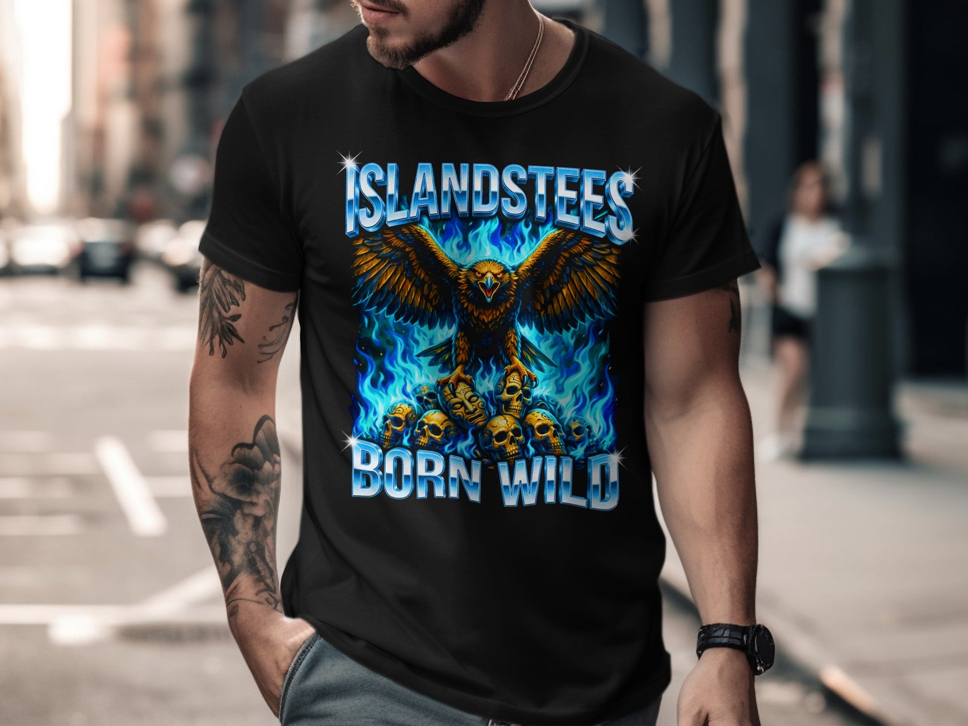 Black t-shirt with eagle and skulls graphic, "Islandstees Born Wild" text.