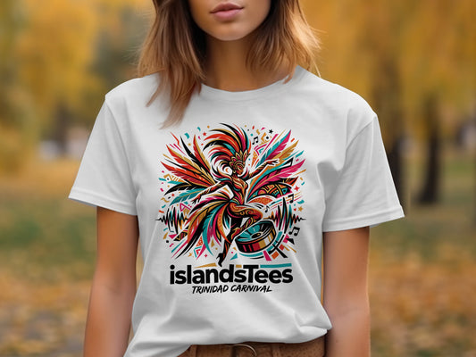 White t-shirt with vibrant Trinidad Carnival graphic and IslandsTees logo.