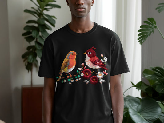 Colorful Bird and Flower Design Black T-Shirt