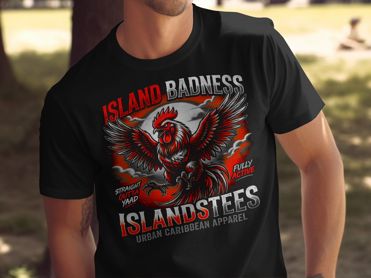 Black t-shirt with "Island Badness" and rooster graphic, "Fully Active" and "Urban Caribbean Apparel."