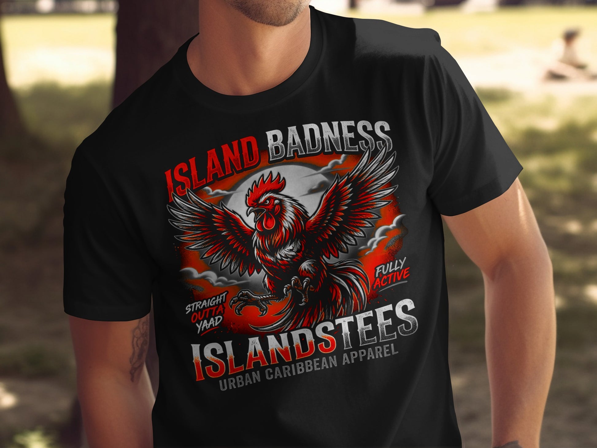 Black t-shirt with "Island Badness" and rooster graphic, "Fully Active" and "Urban Caribbean Apparel."