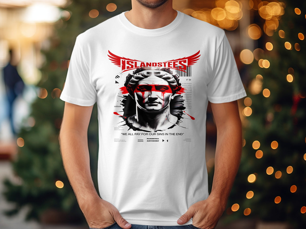 White t-shirt with a red-streaked statue graphic and text.