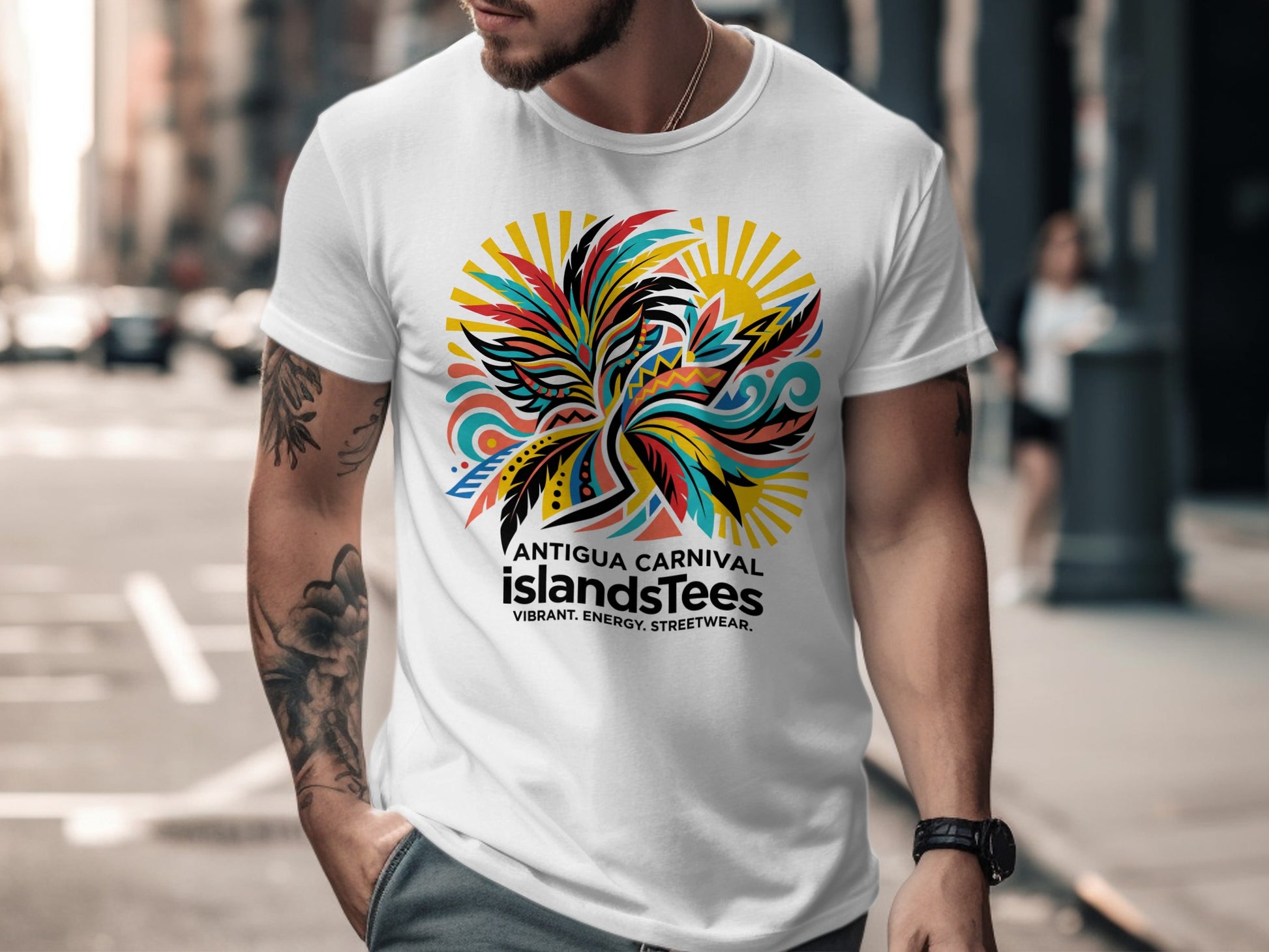 White t-shirt with "ANTIGUA CARNIVAL islandsTEES VIBRANT. ENERGY. STREETWEAR." graphic.