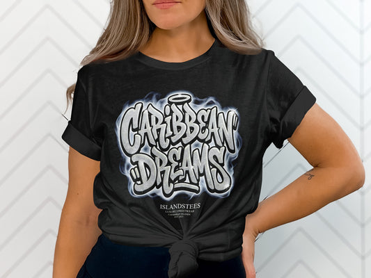 Black t-shirt with "CARIBBEAN DREAMS" graffiti-style lettering and brand text.