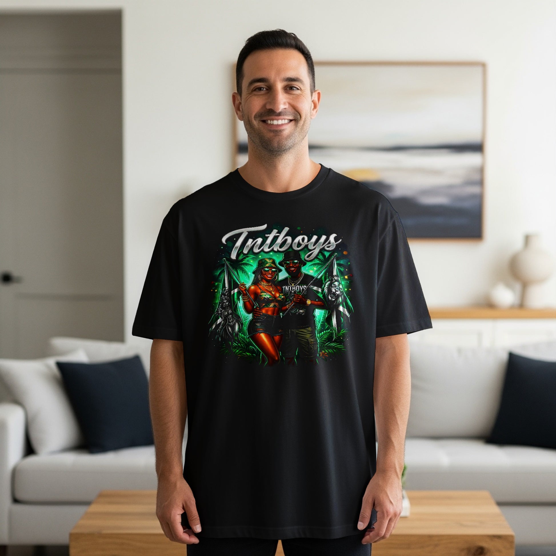 Black t-shirt with "TNTBOYS" logo featuring two people in tropical attire.