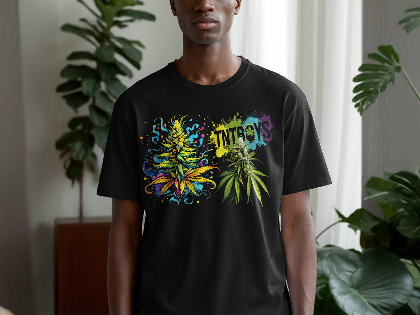Colorful Intboys Marijuana Design Black T-shirt