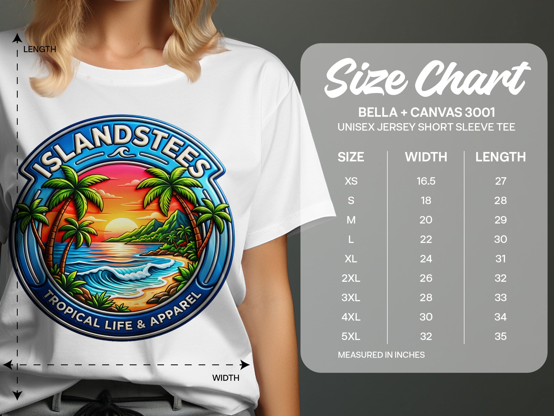 T-shirt size chart with a tropical sunset logo for ISLANDSTEES.