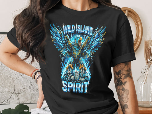 Black t-shirt with a blue and gold eagle soaring over skulls and flames.