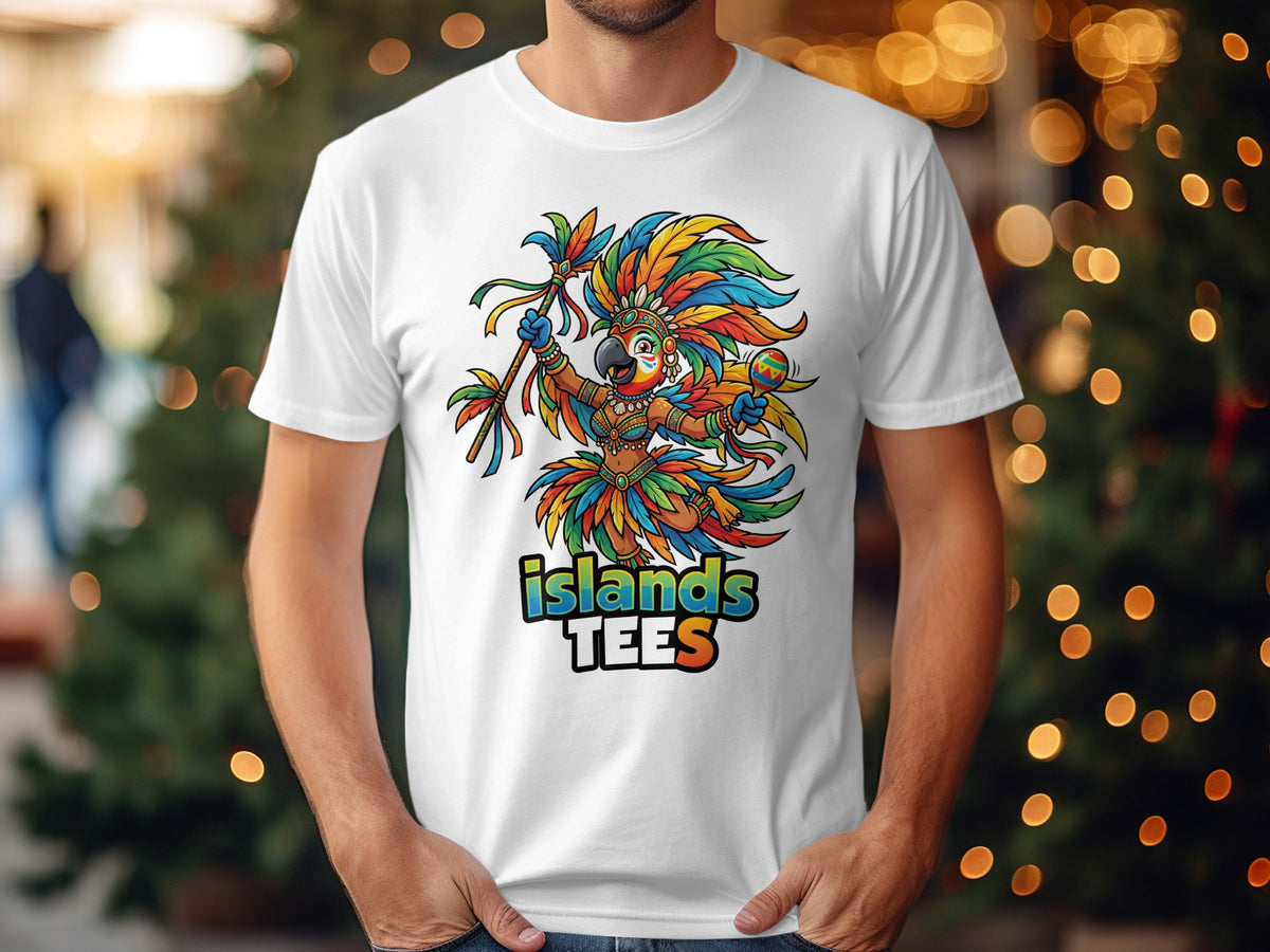 Cartoon parrot character in colorful costume on white t-shirt.
