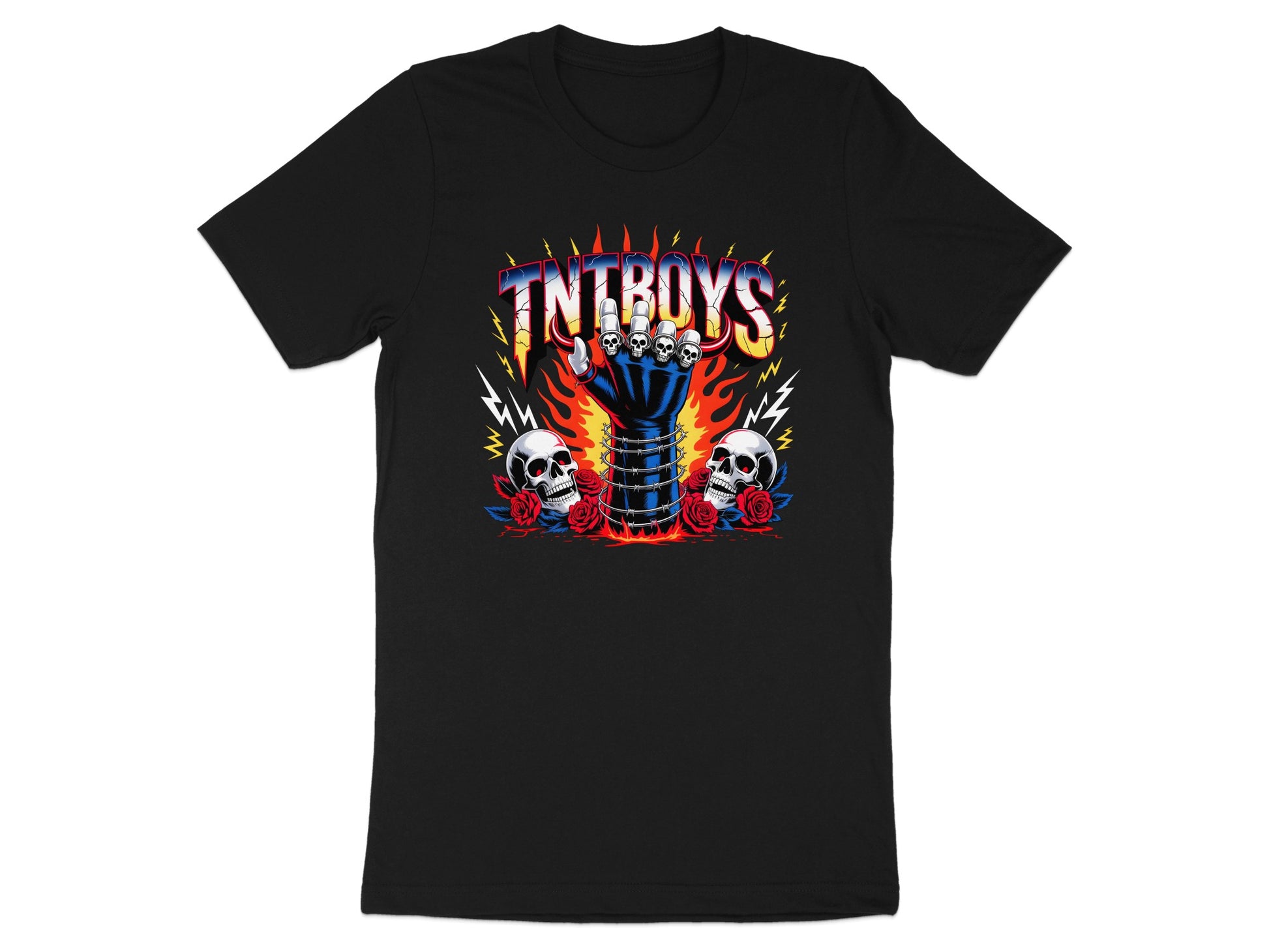 Black t-shirt with TNTBoys logo, skulls, flames, and roses.