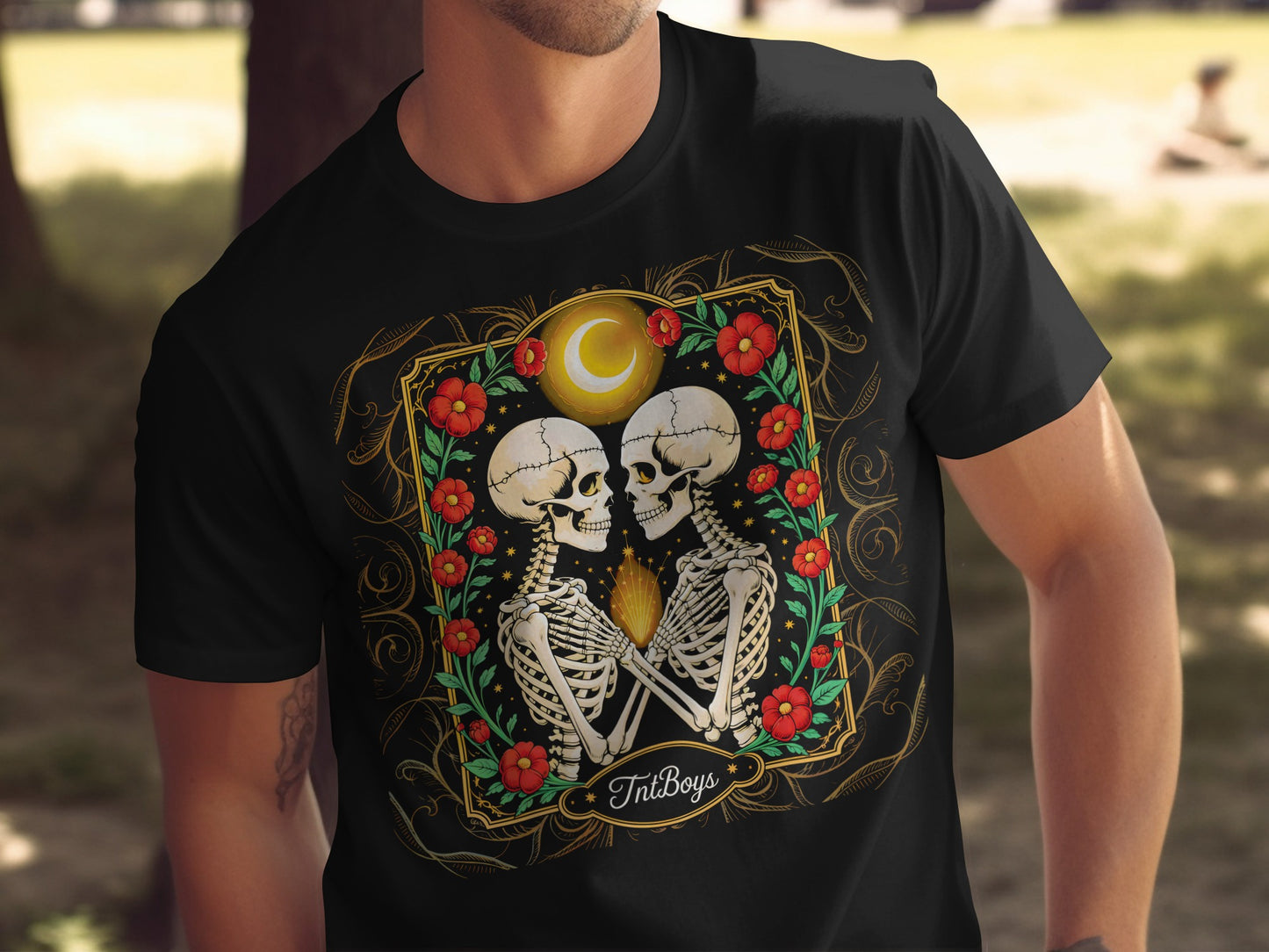 Skeleton Couple Embrace with Floral Design T-shirt