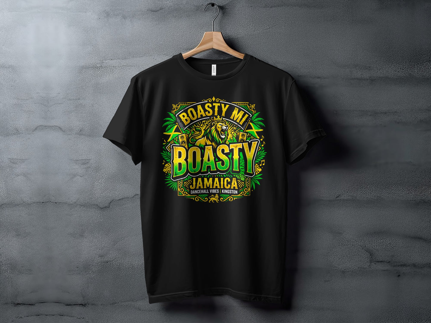 Black t-shirt with "Boasty Mi Jamaica" text and lion graphic.