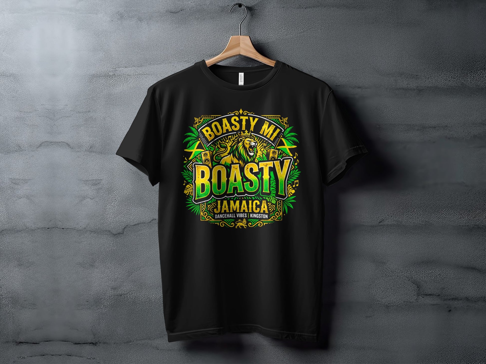Black t-shirt with "Boasty Mi Jamaica" text and lion graphic.