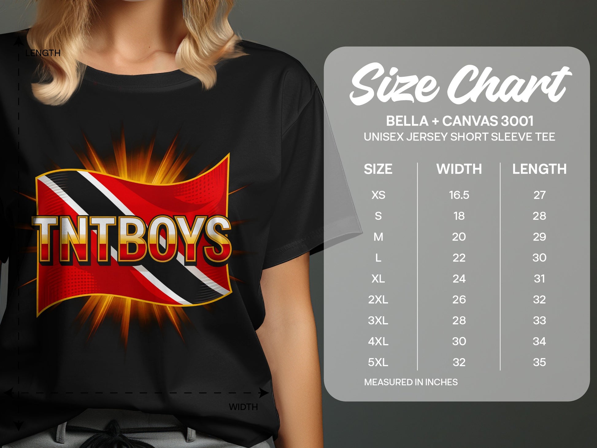 Tntboys logo on black t-shirt with size chart for Bella + Canvas 3001 tee.