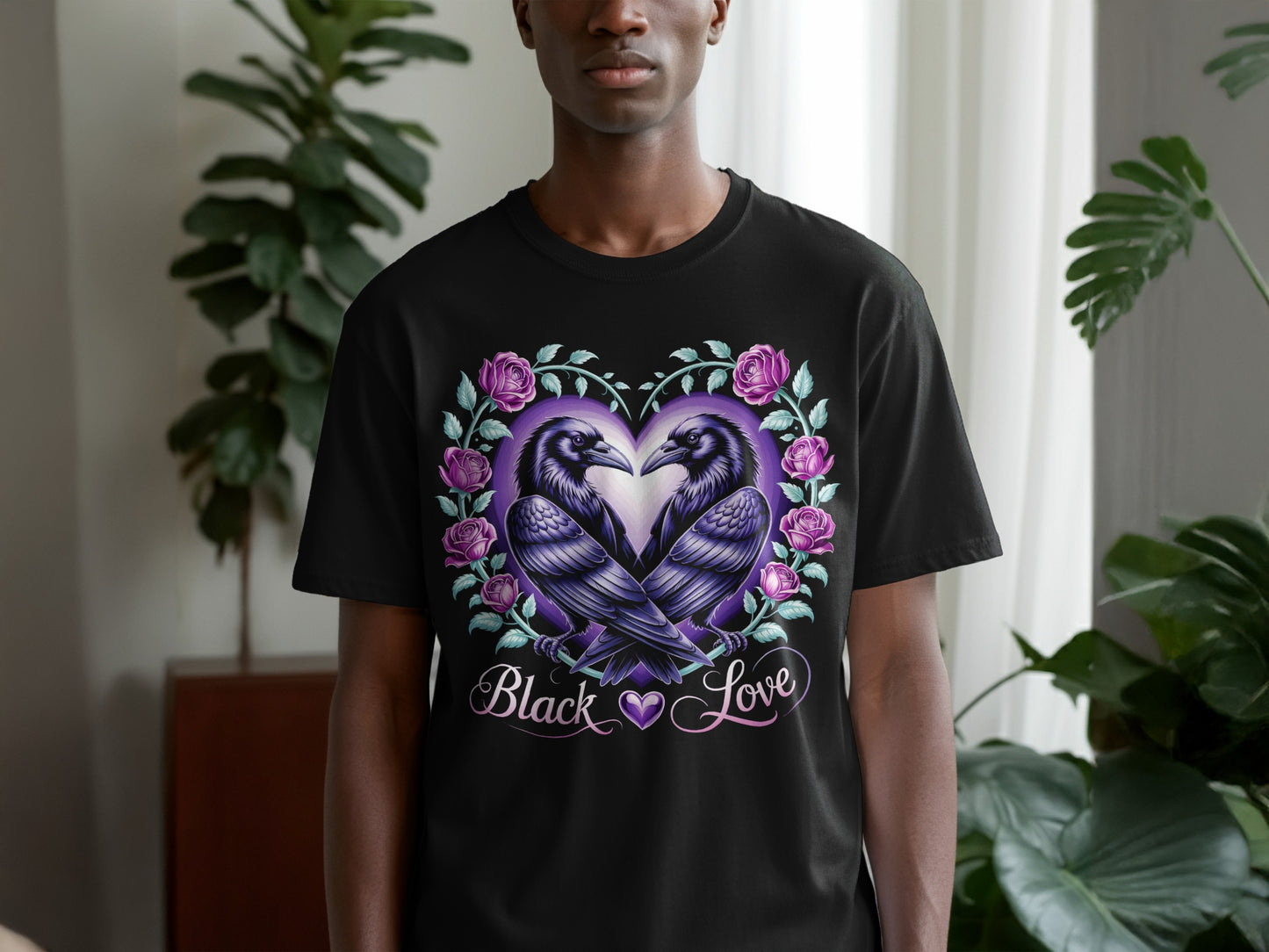 Black Love Raven and Roses Heart Design T-shirt