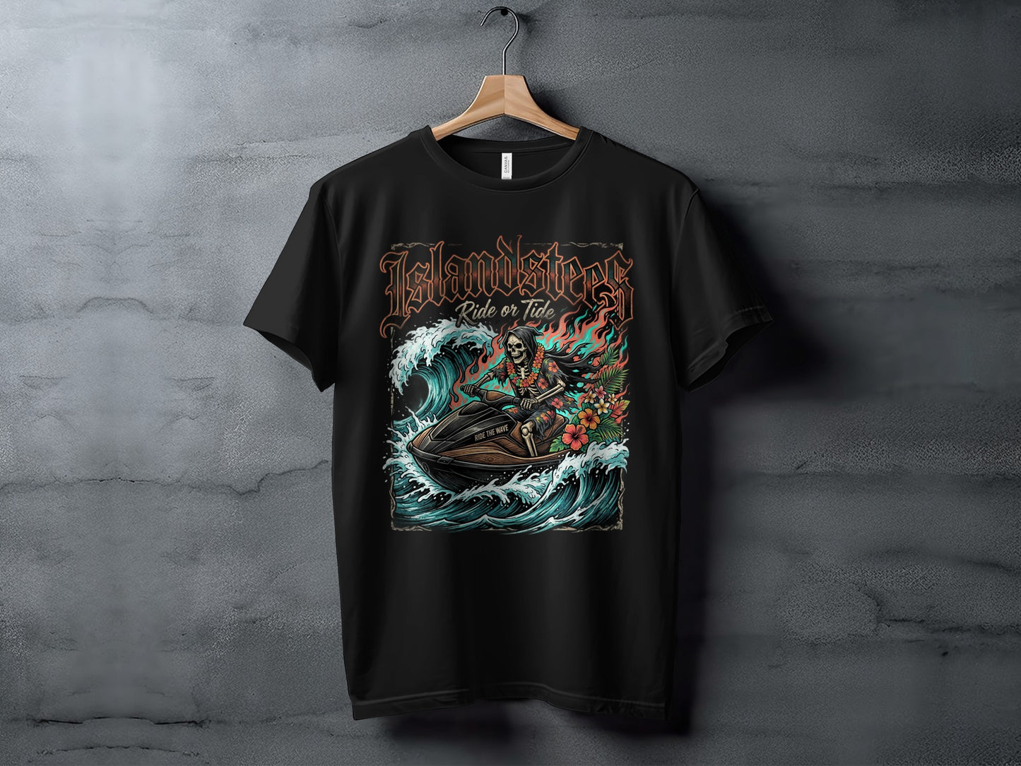 Black t-shirt with skull on jet ski amidst waves and flowers.