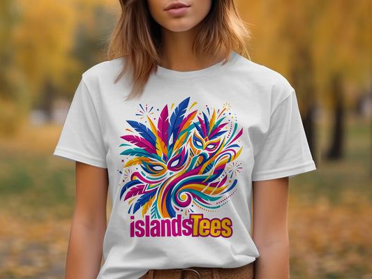 White t-shirt with colorful carnival mask and feather graphic, "islandsTees" text.