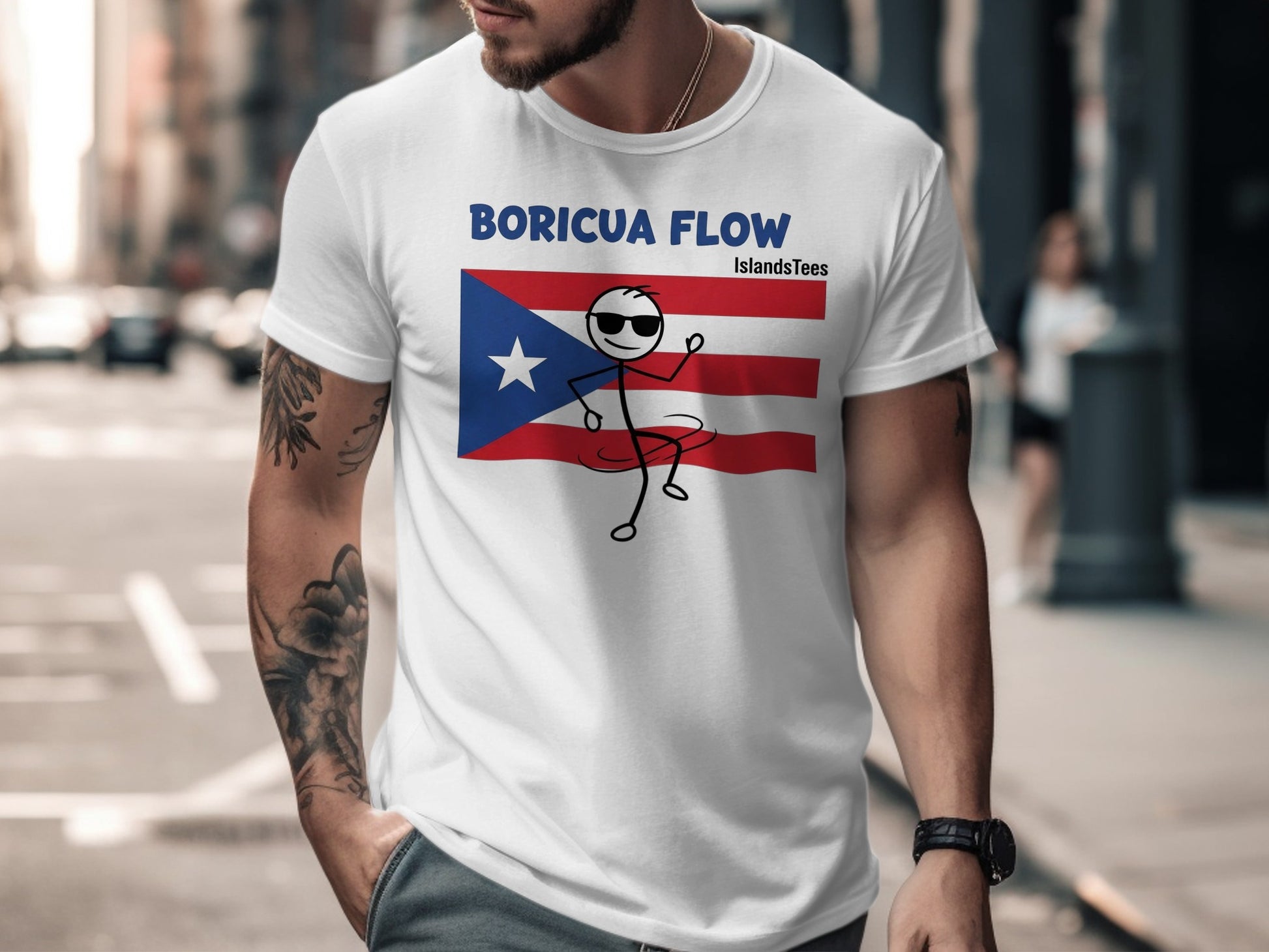 White t-shirt with Boricua Flow and Puerto Rican flag stick figure design.