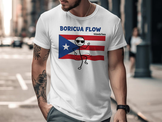 White t-shirt with Boricua Flow and Puerto Rican flag stick figure design.