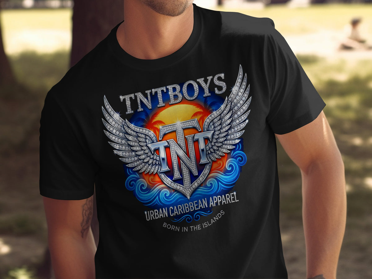 Black t-shirt with "TNTBOYS" logo, wings, sun, and waves.