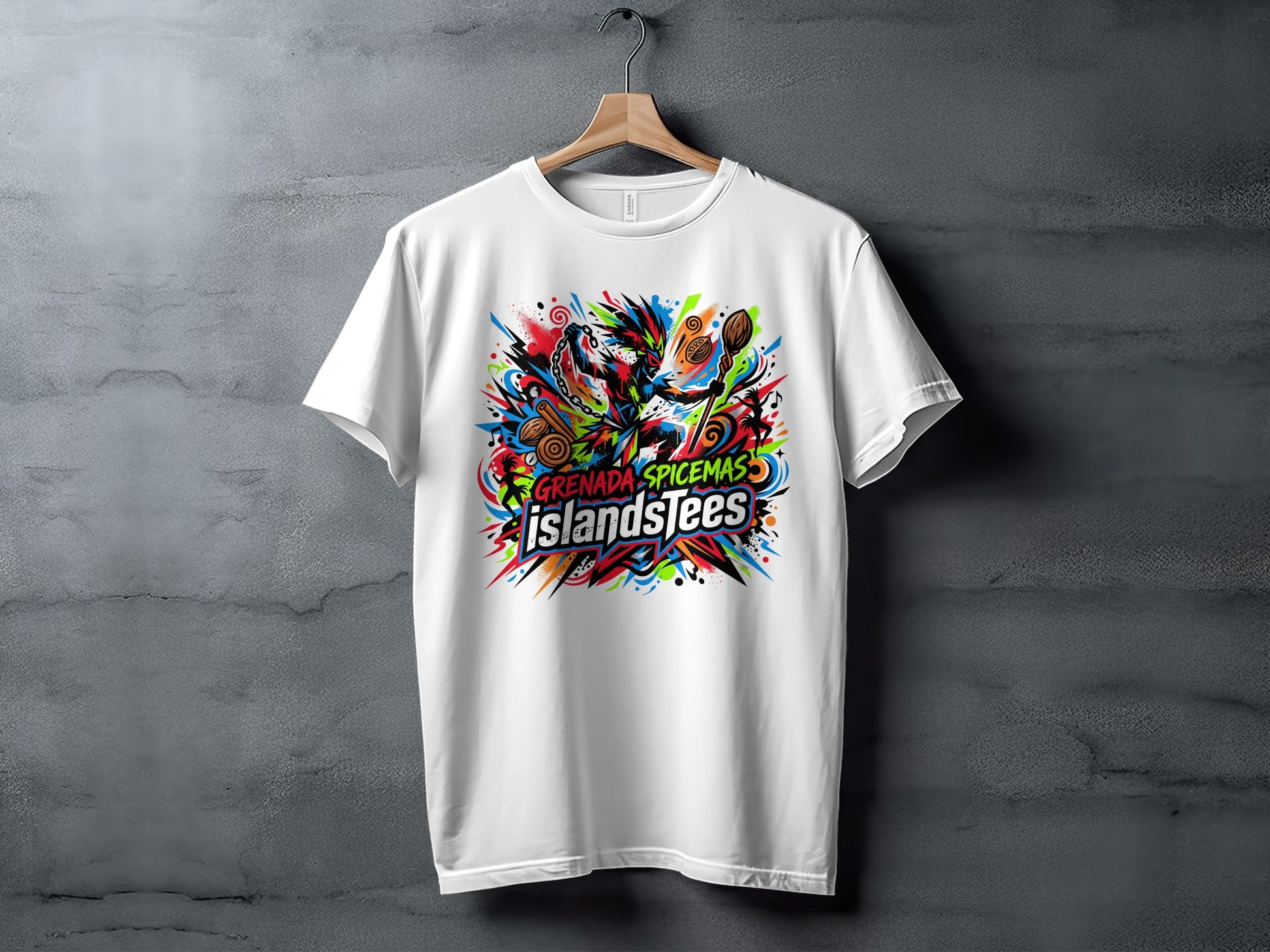 White t-shirt with colorful abstract graphic and text "GRENADA SPICEMAS islandsTees".
