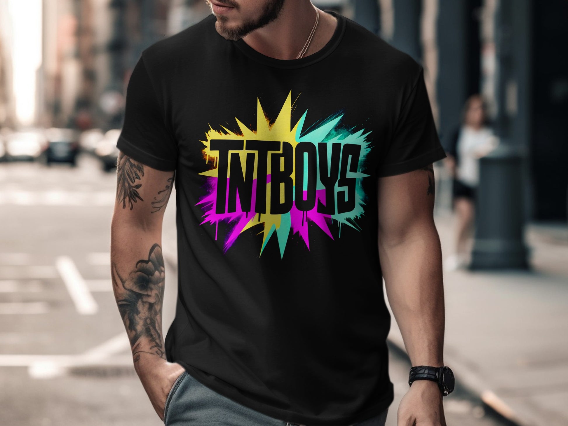 Vibrant TNTBOYS Graphic Design on Black T-shirt