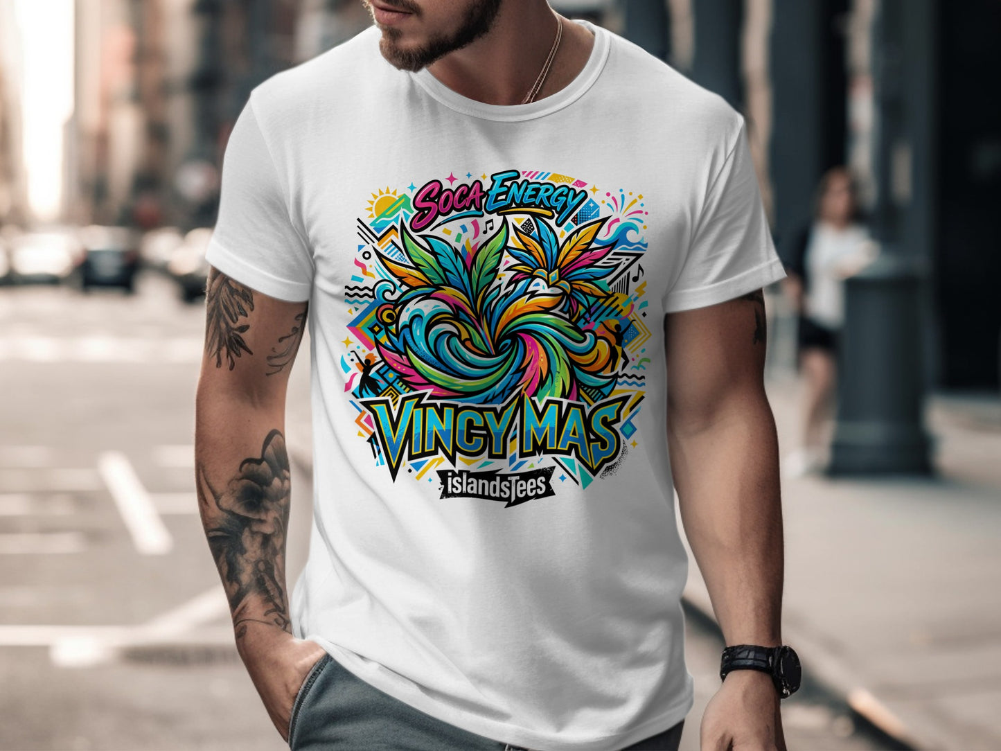 White t-shirt with colorful "SOUL ENERGY" and "VINGY MAS" graphics.
