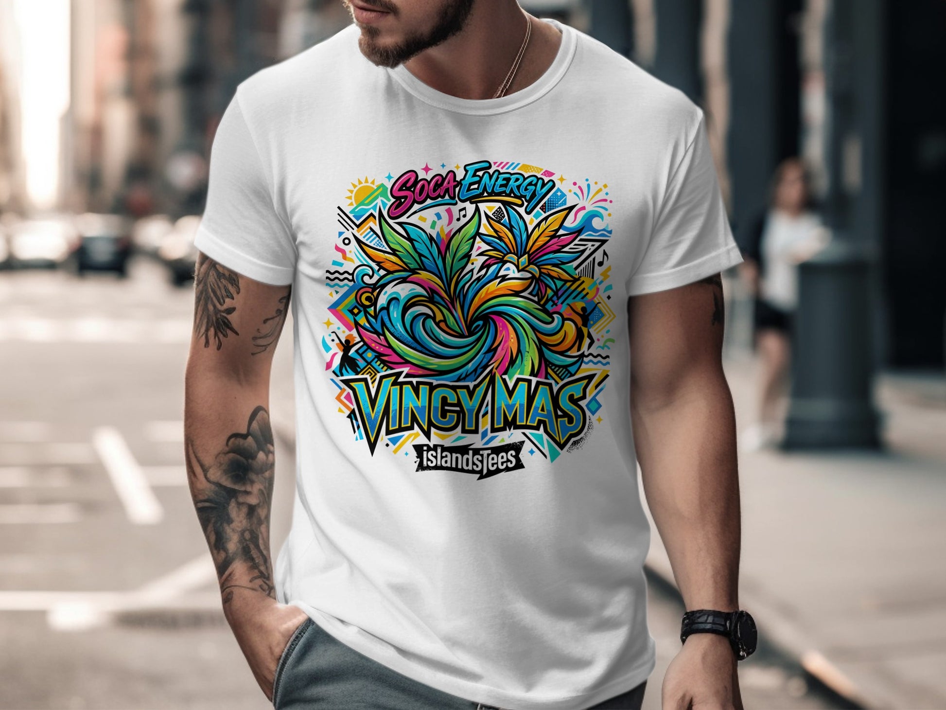 White t-shirt with colorful "SOUL ENERGY" and "VINGY MAS" graphics.