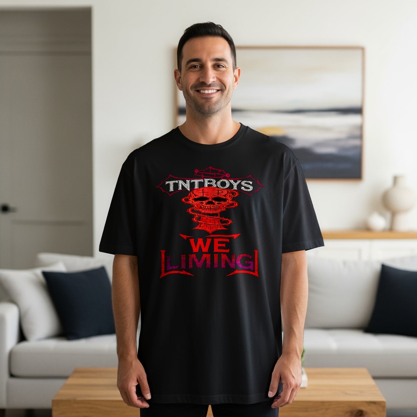 Black t-shirt with "TNTBoys WE LIMING" skull graphic.