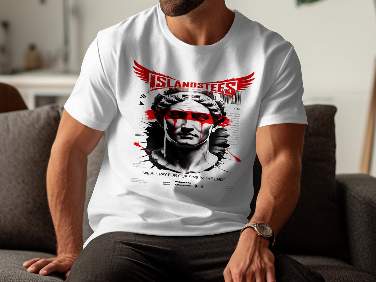T-shirt with Roman bust graphic and "WE ALL PAY FOR OUR SINS" text.