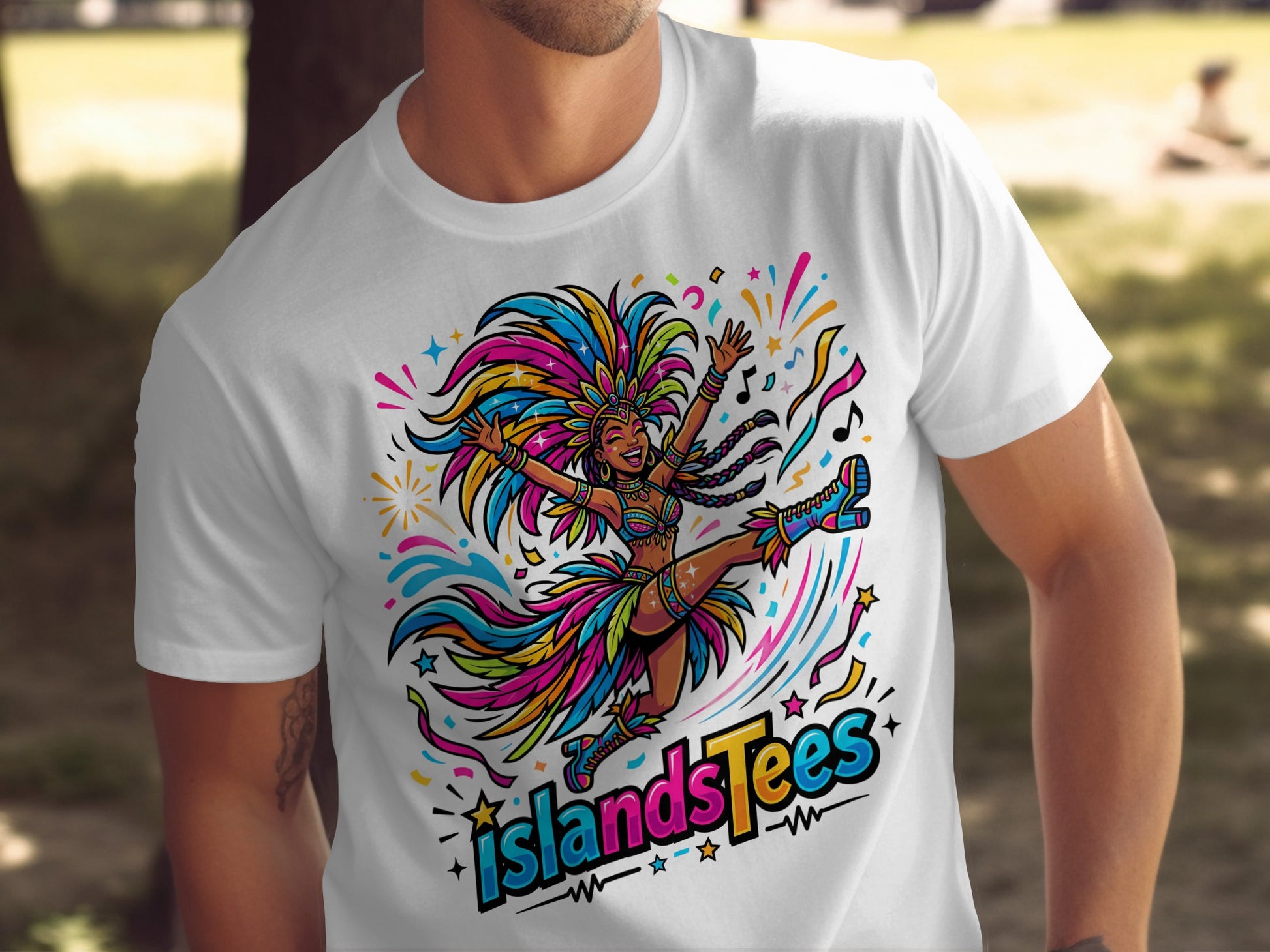 Man wearing white t-shirt featuring colorful carnival dancer and "IslandsTees" logo.