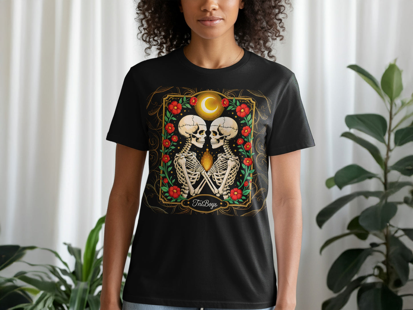 Skeleton and Floral Design with Moon Graphic Tee