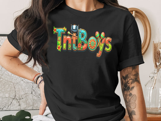 Black t-shirt with colorful "TntBOYS" lettering and drumstick graphics.