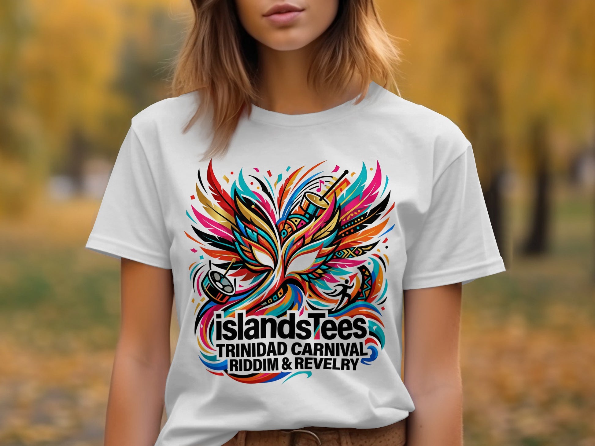 White t-shirt with colorful Trinidad Carnival mask and text.