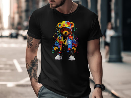 Man wearing a black t-shirt with a colorful graffiti teddy bear graphic.