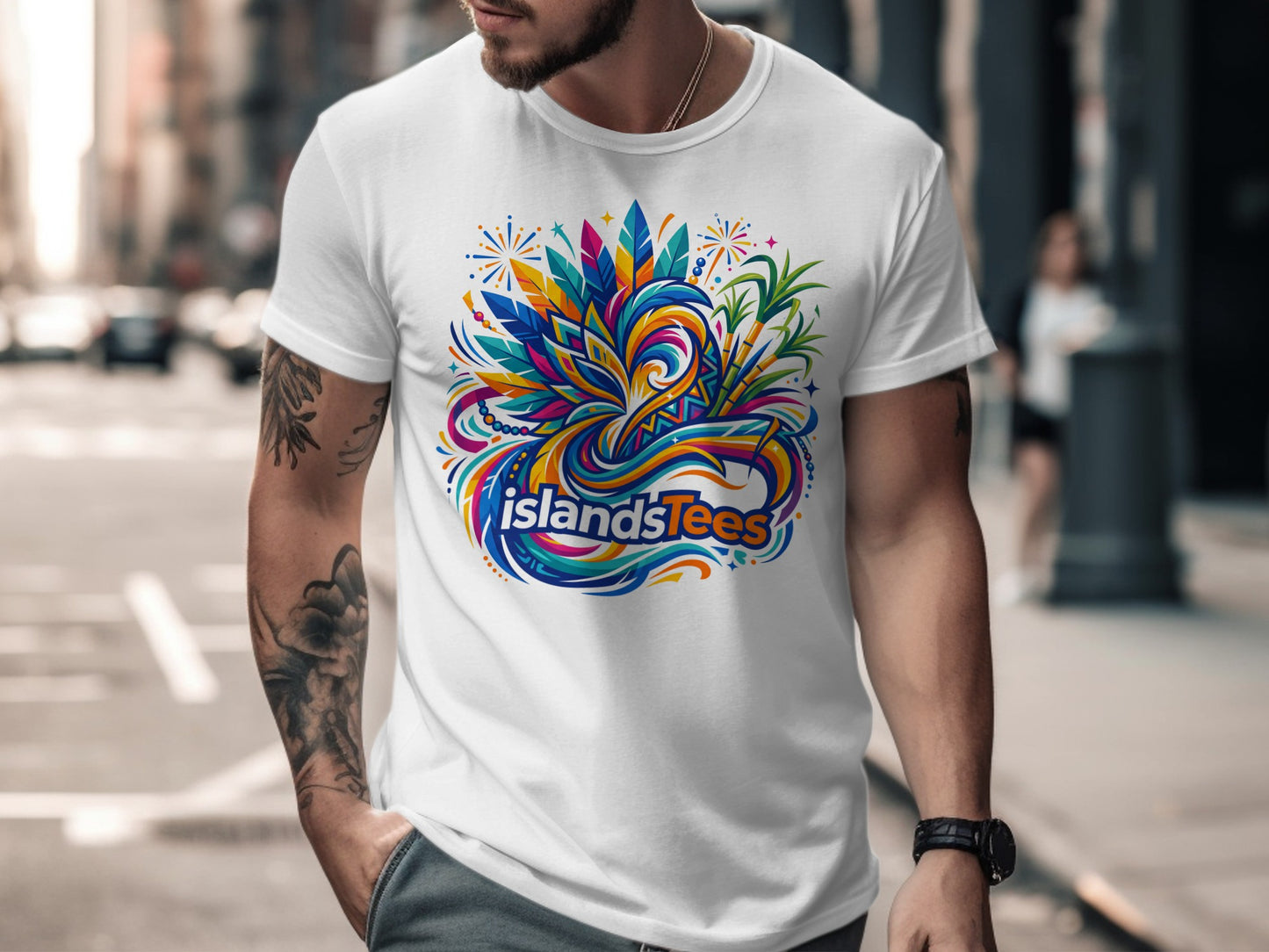 White t-shirt with colorful, abstract, tropical graphic and "islandstees" text.