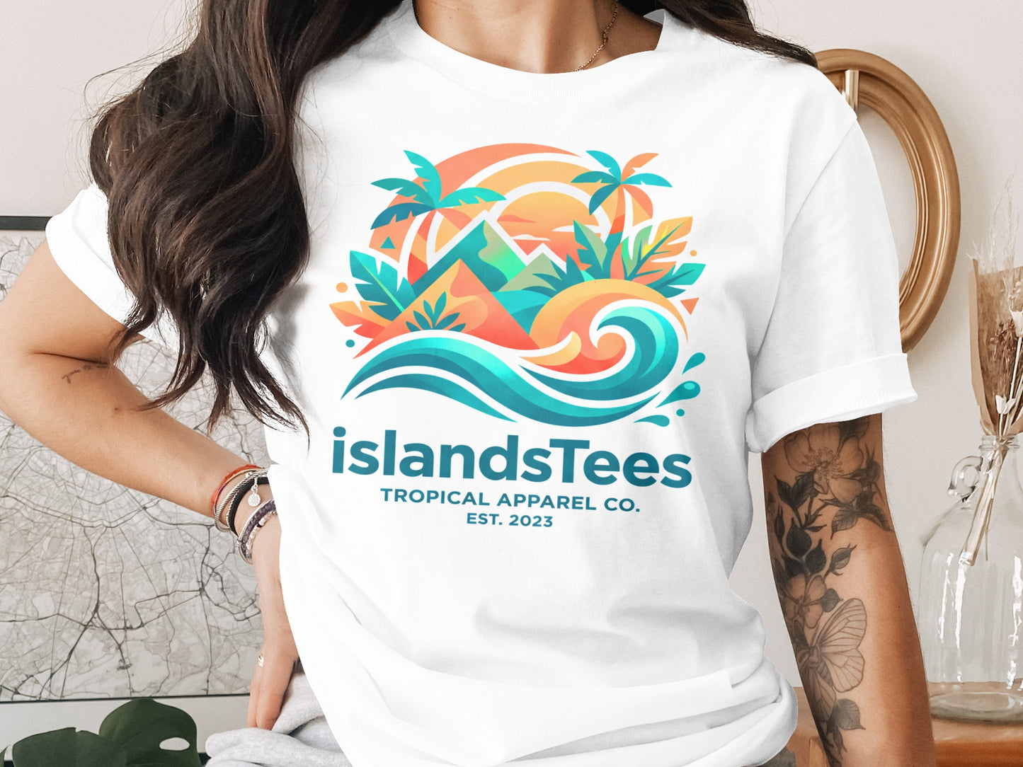 IslandsTees Tropical Apparel Co. graphic tee with sunset beach scene.