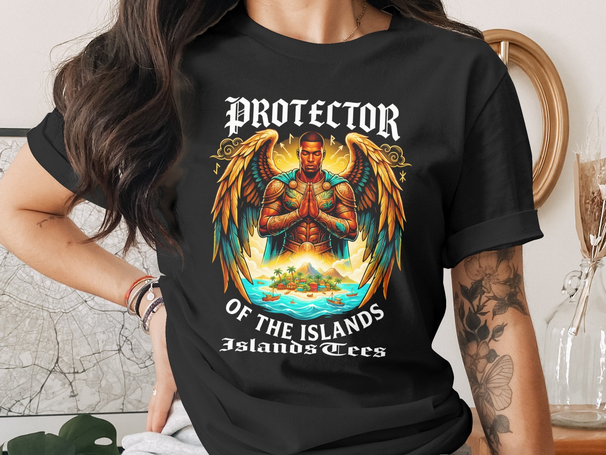 T-shirt with a man with wings and praying hands, "PROTECTOR OF THE ISLANDS".