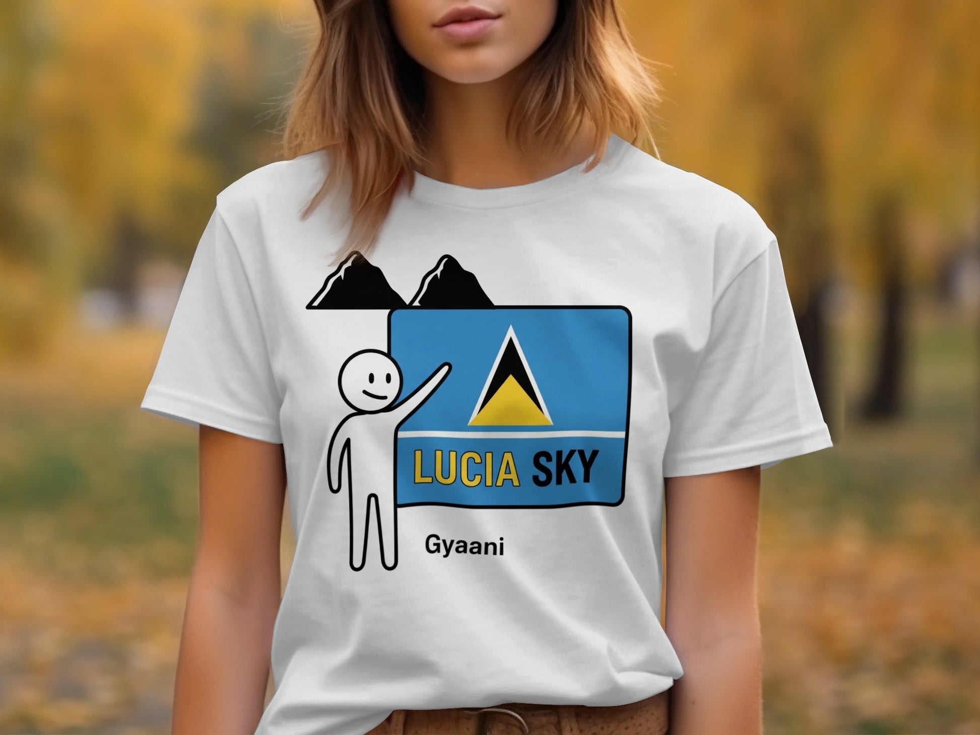 White t-shirt with a graphic of a person and the Saint Lucia flag.