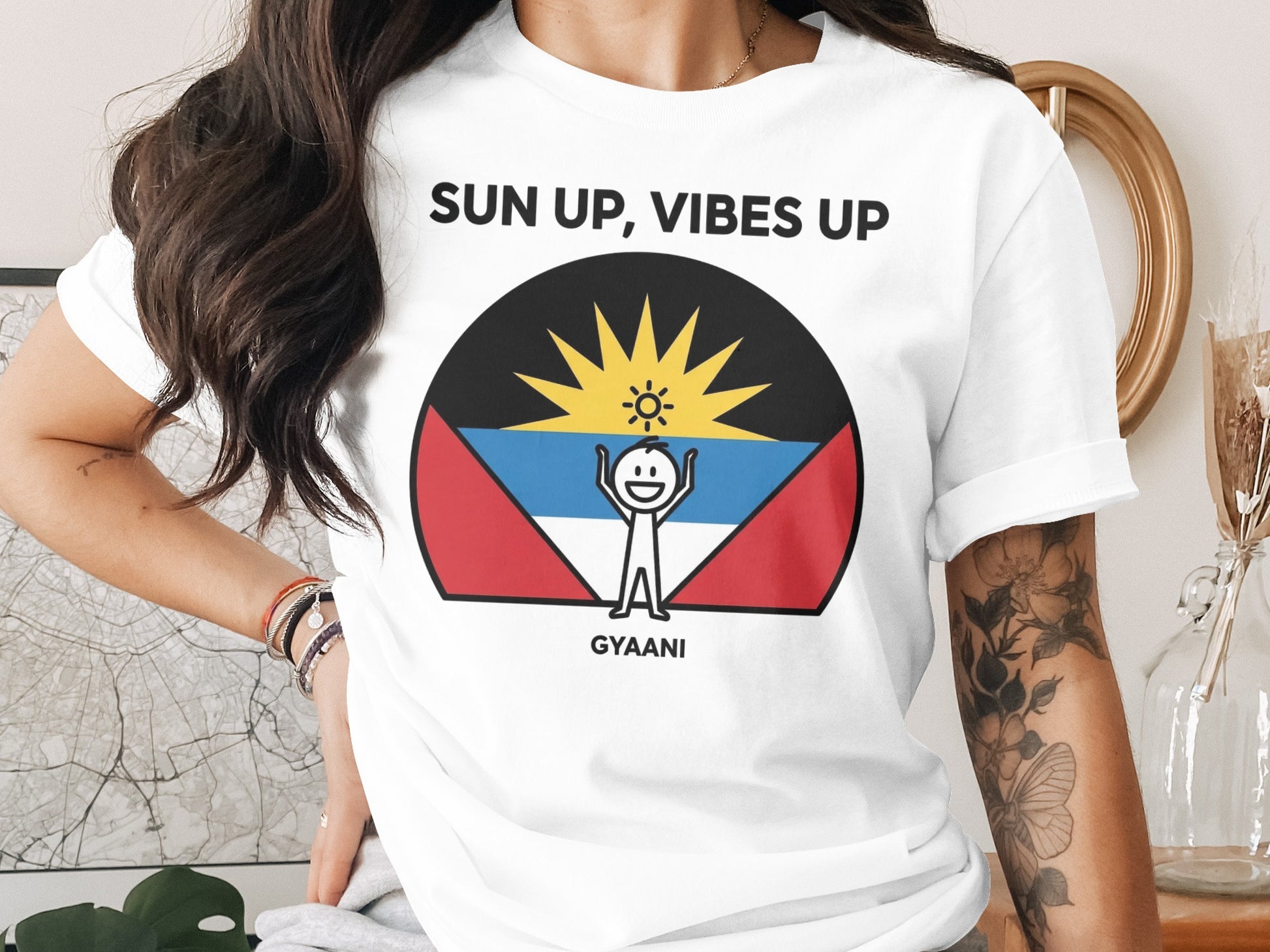 T-shirt with "SUN UP, VIBES UP" and a stick figure under a sun.