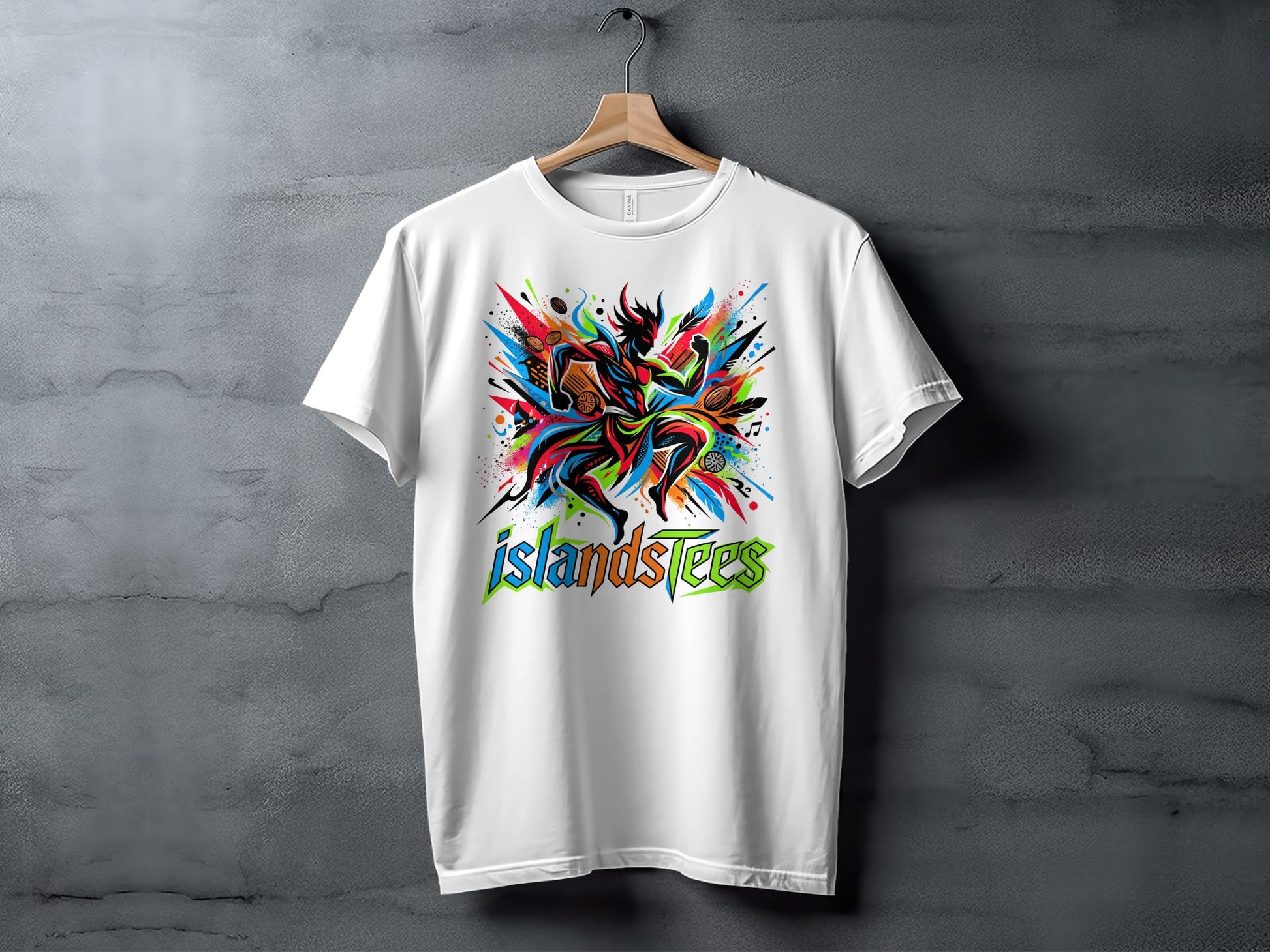 White t-shirt with colorful abstract design and "islandstees" logo.